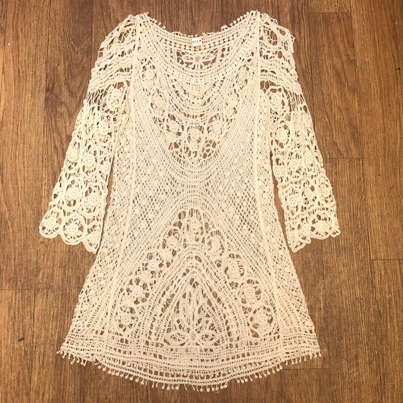 Vila Milano Cream Floral Crochet Dress Tunic Top Cover Up Size Small/Medium - Picture 1 of 13